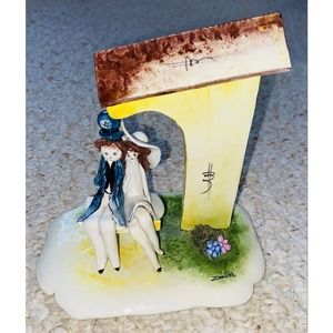 Zampiva Italy Porcelain Spaghetti Hair Figurine Couple Sitting In The Bench.